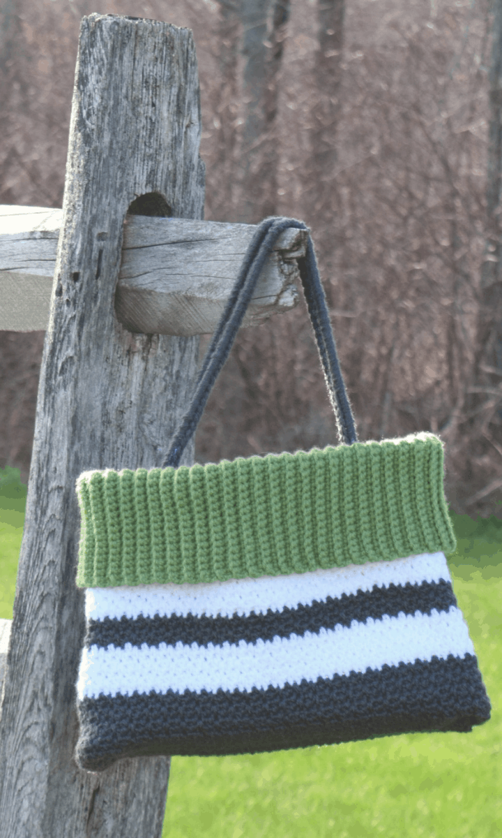 crochet grey, green, and white striped bag
