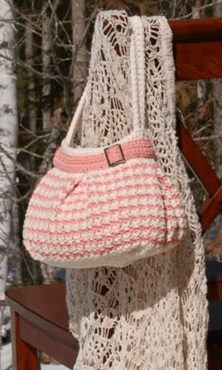 pink and white striped crochet bag