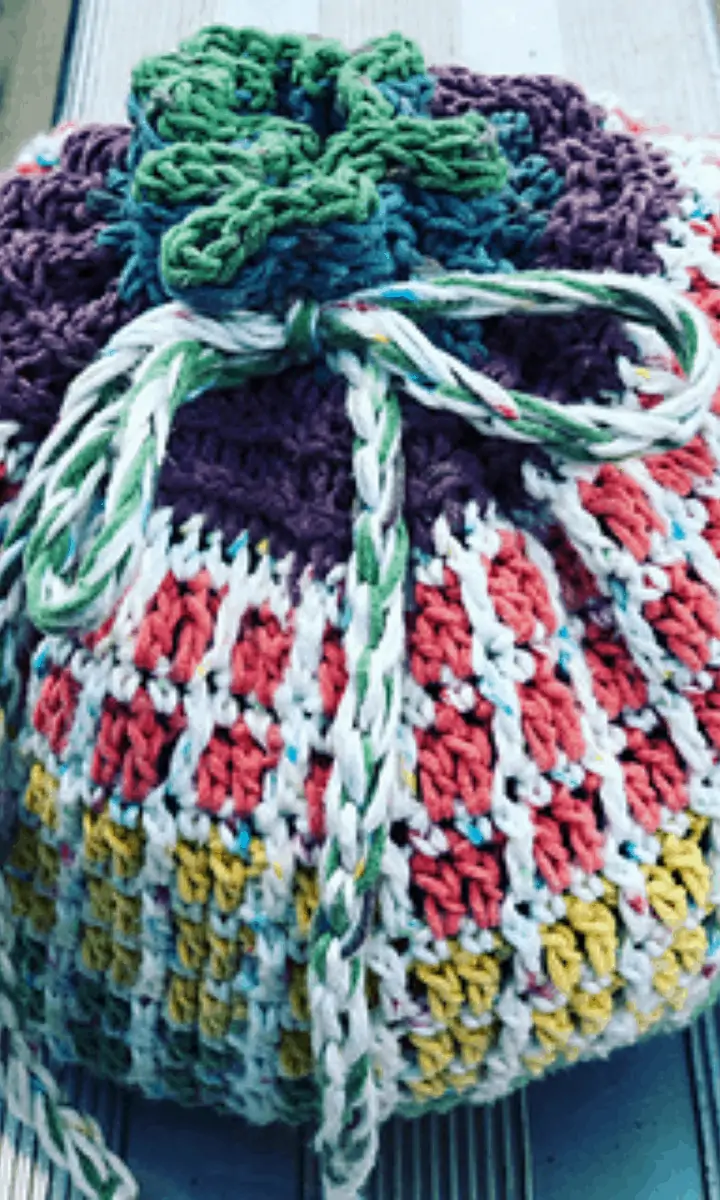 colorful crochet drawstring bag