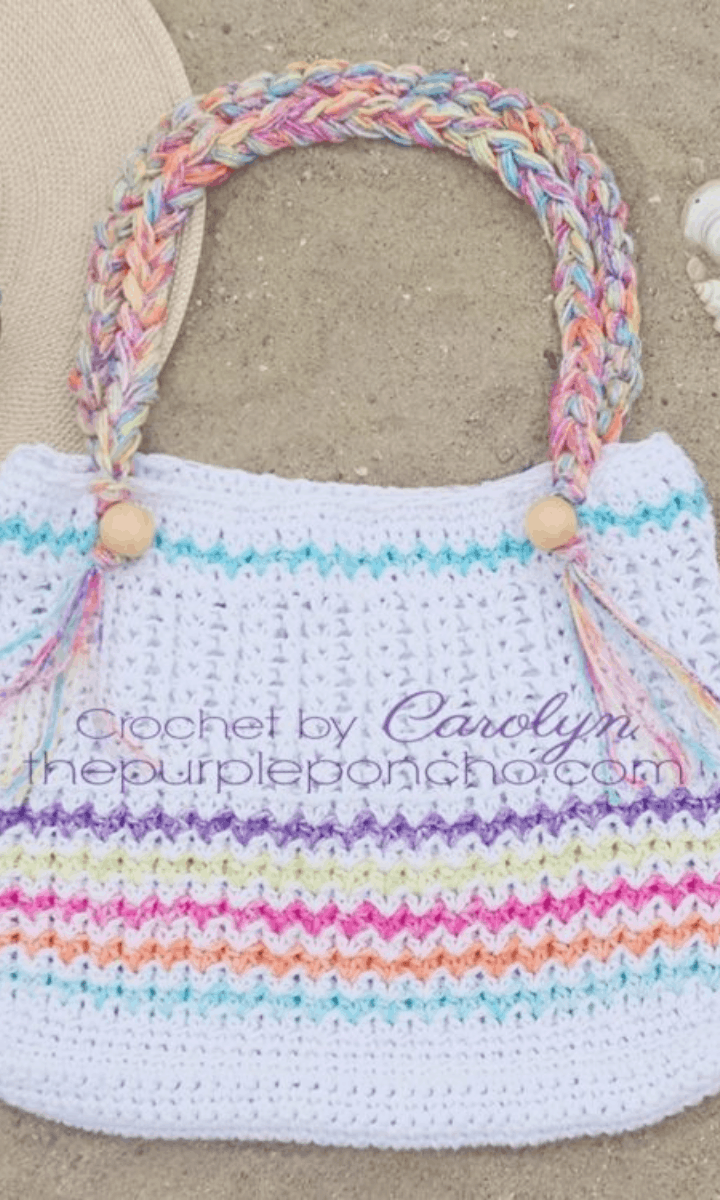 crochet white bag with rainbow stripes