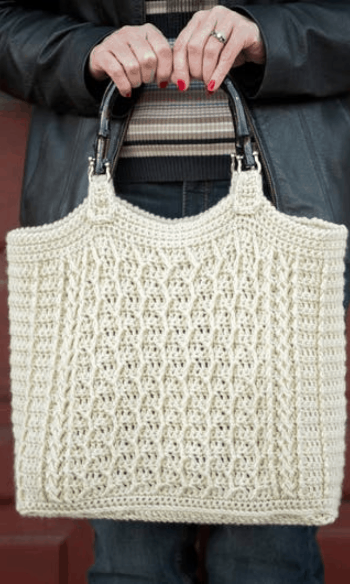 white crochet cable-stitch bag