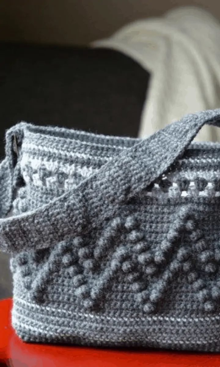 grey crochet bobble-stitch bag