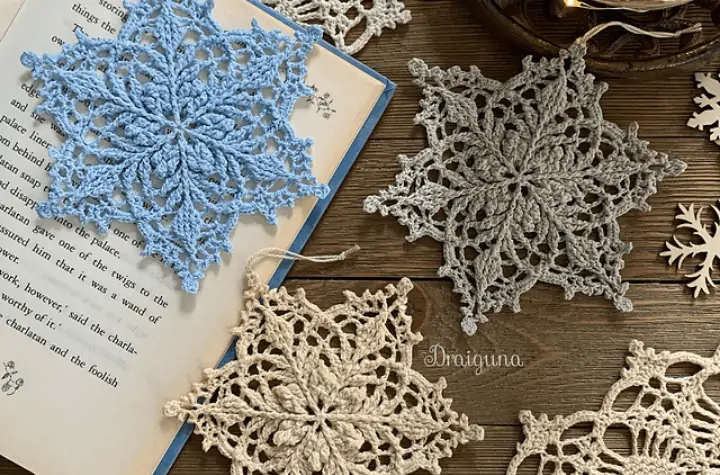 three crochet snowflake in various colors