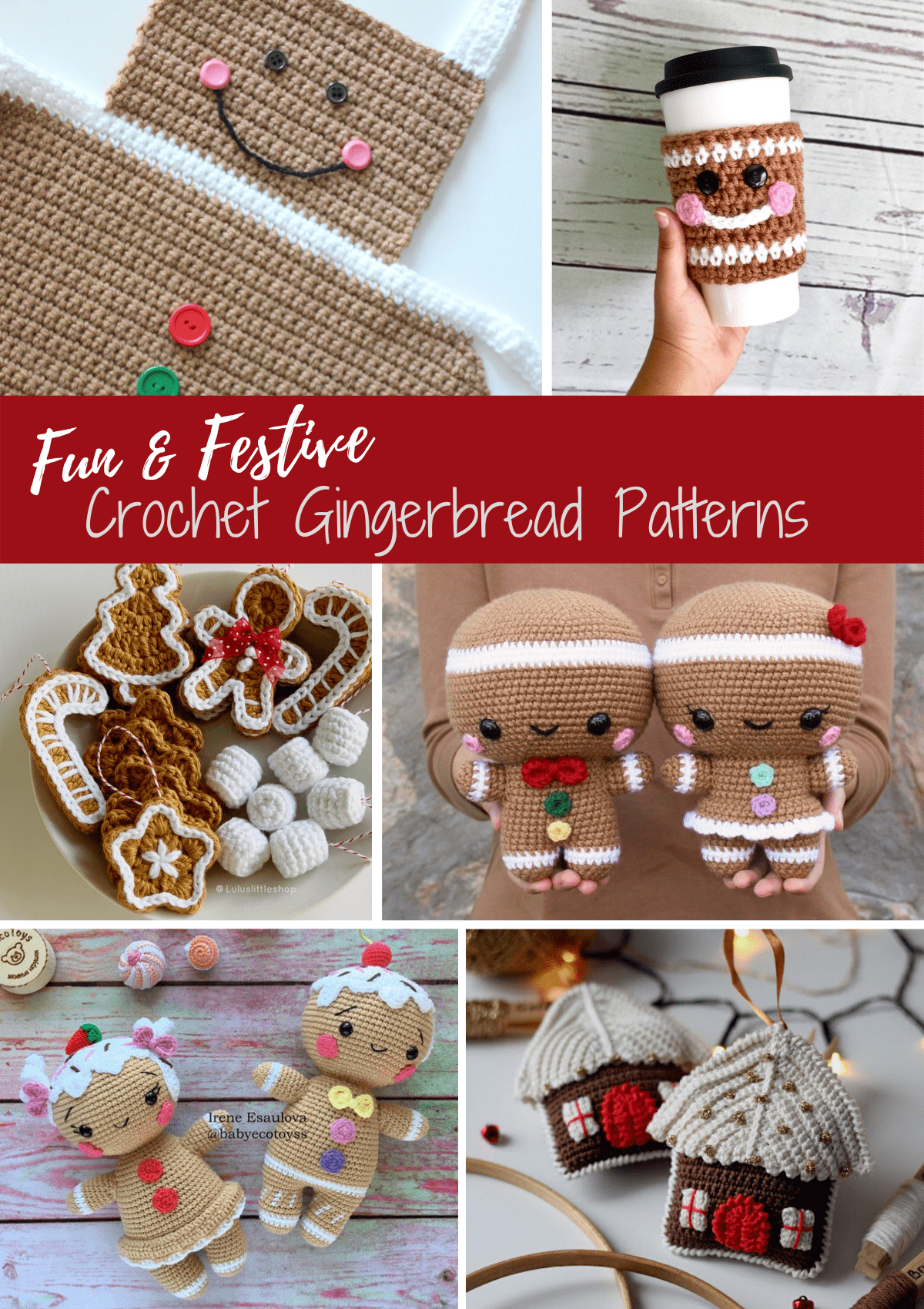 collage of crochet gingerbread projects