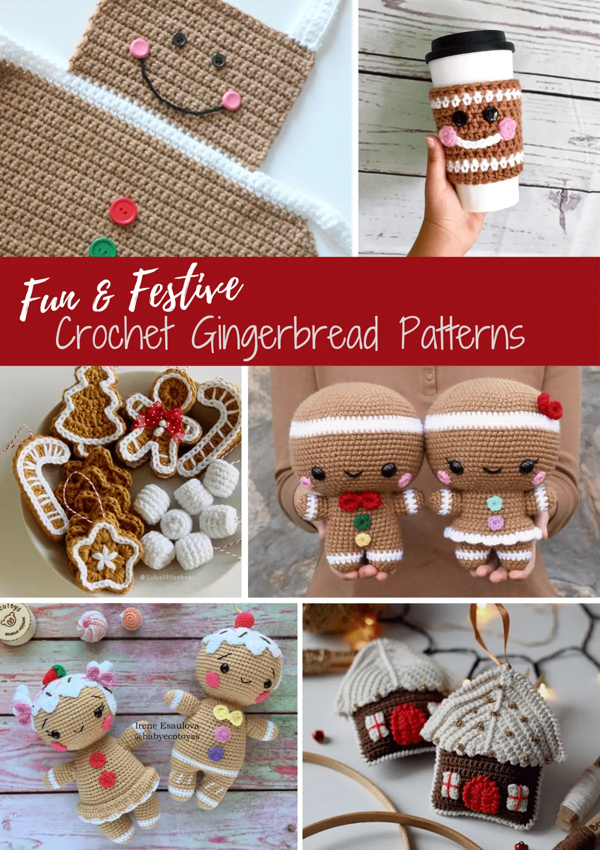 collage of crochet gingerbread projects