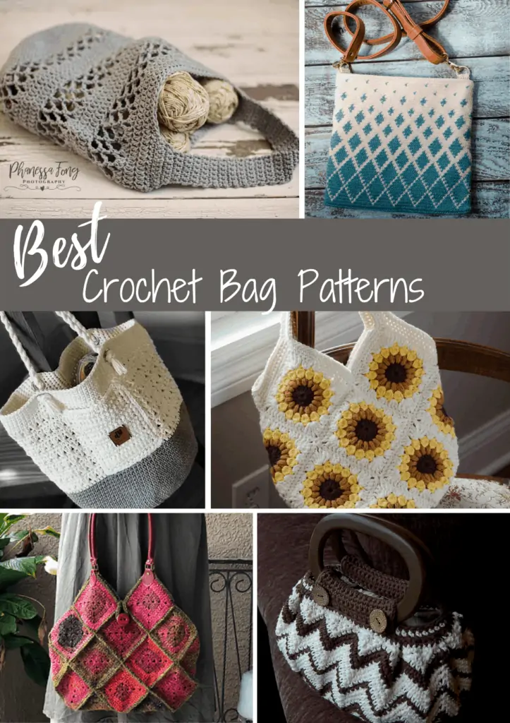 collage of crochet bags