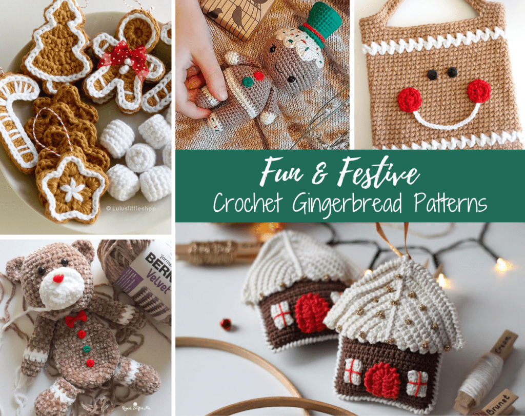 collage of crochet gingerbread projects