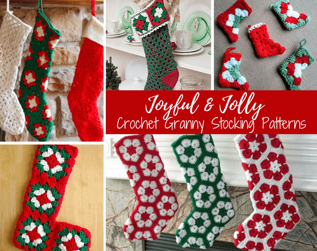 collage of crochet granny stockings