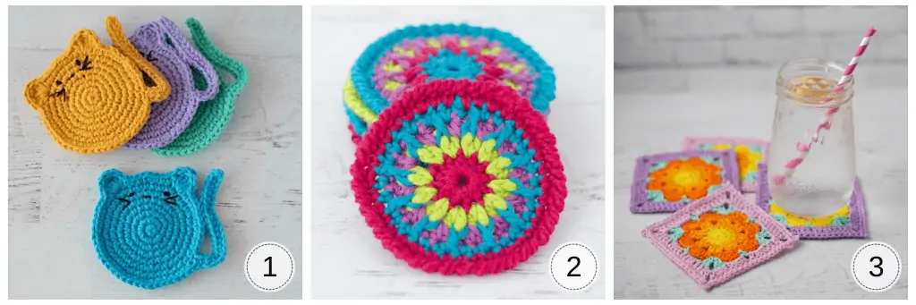 Three sets of crochet coasters: cat coasters, mosaic coasters and floral square coasters with a glass of water