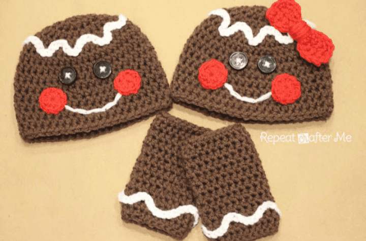 crochet gingerbread boy and girl beanies and leg warmers