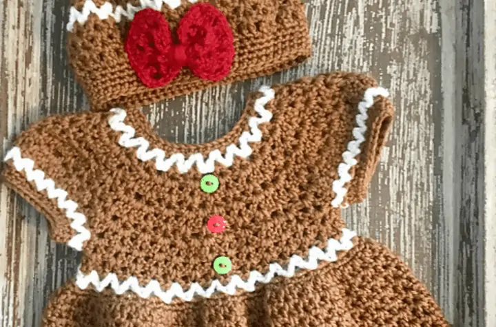 crochet gingerbread baby dress and hat