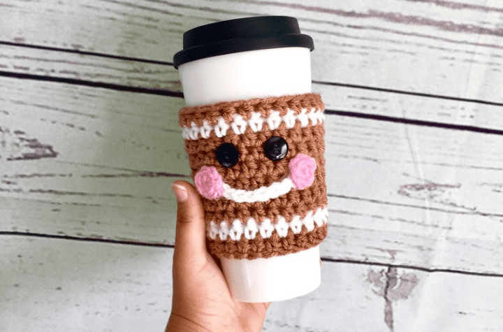 crochet gingerbread travel mug cozy