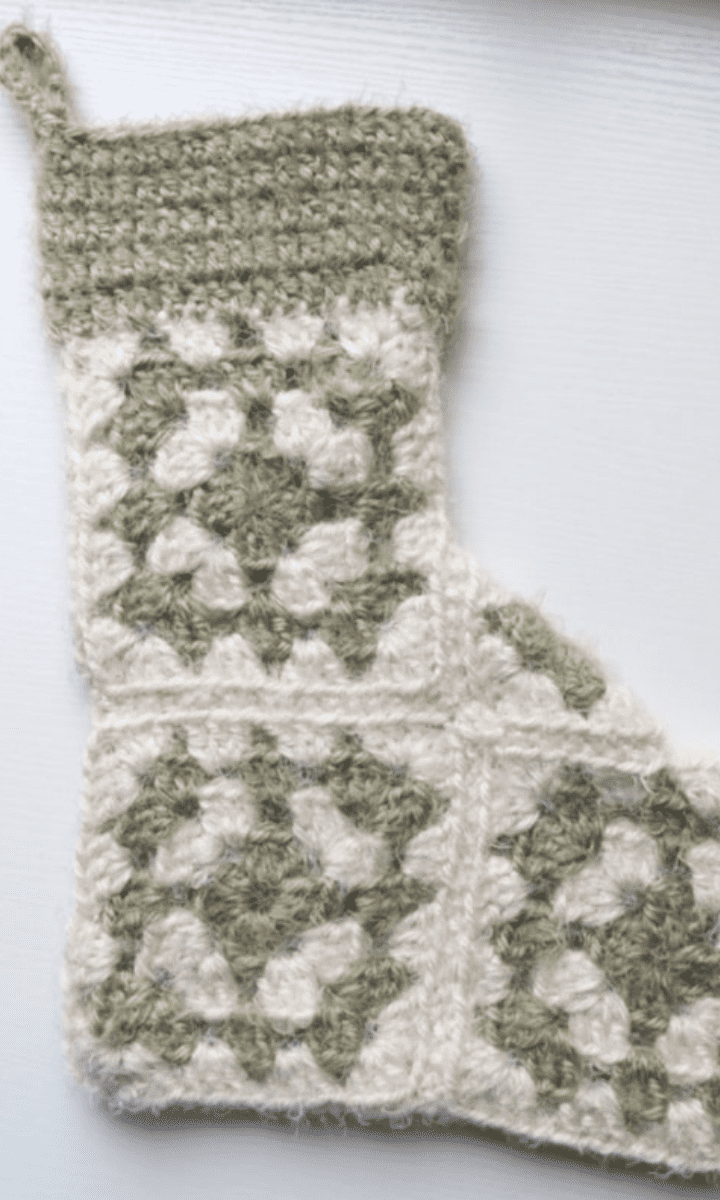 crochet grey and white granny square stocking with grey trim