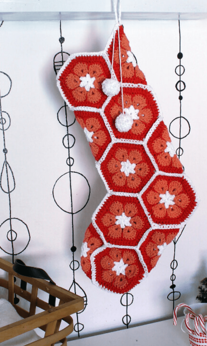 crochet red and white african flower stocking