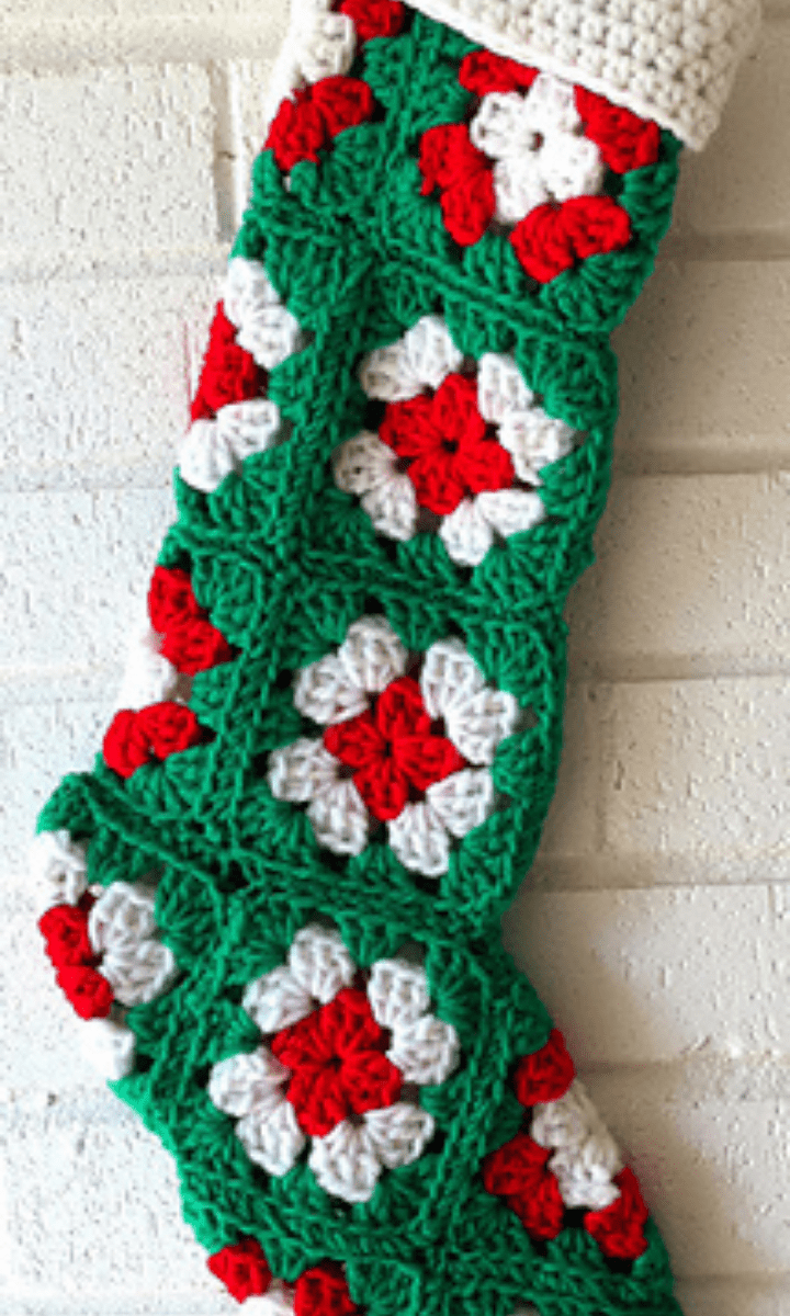 crochet red, green and white granny square stocking with white trim