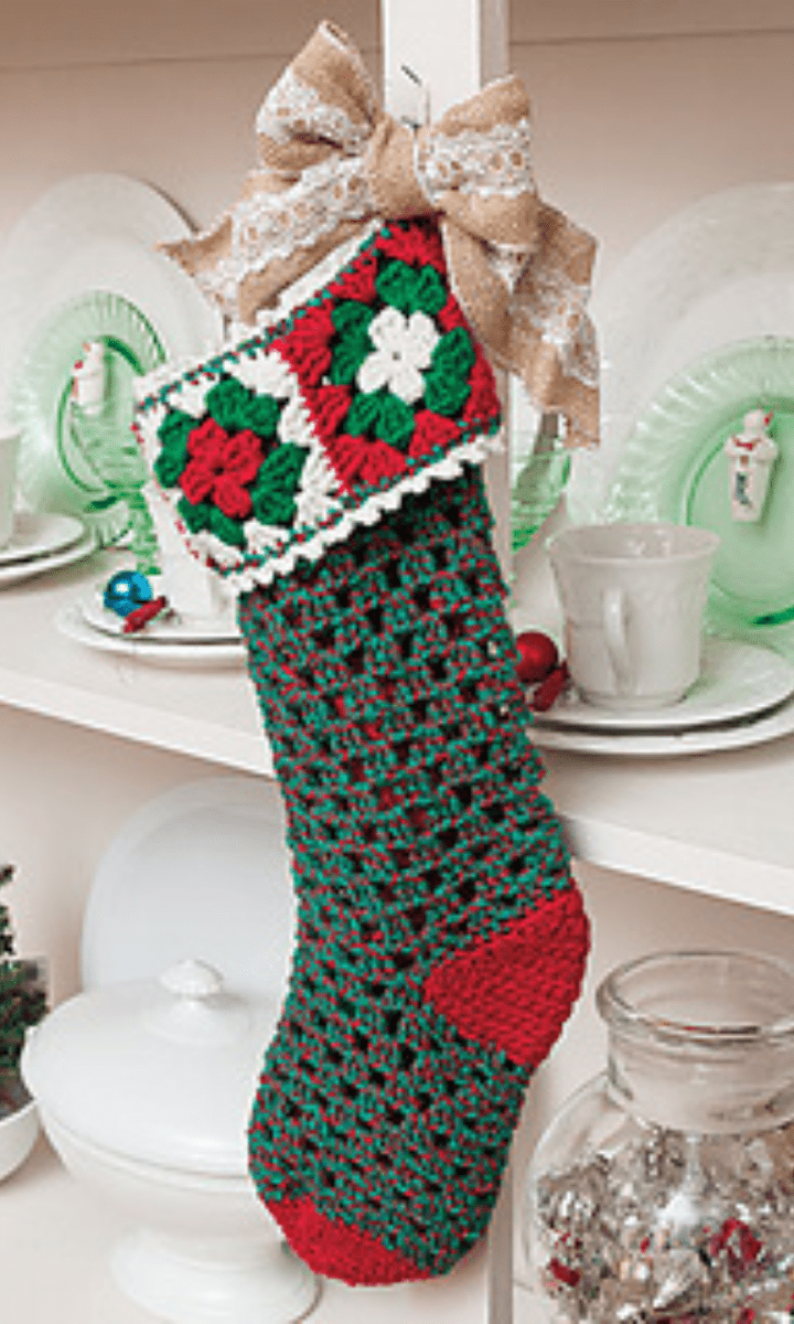 crochet green granny stocking with red, white, and green granny square trim