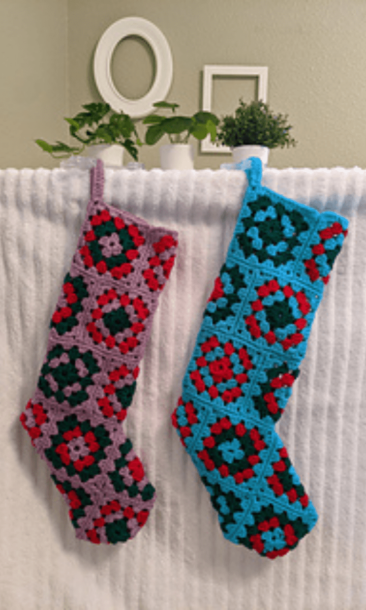 purple and blue crochet granny stocking with red and green