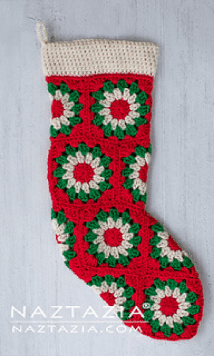 crochet red, green and white granny stocking with white trim