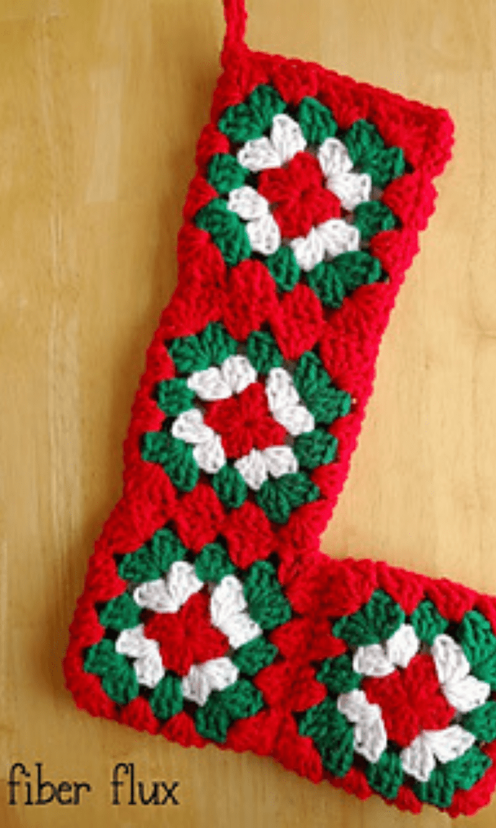 crochet red, green and white granny square stocking