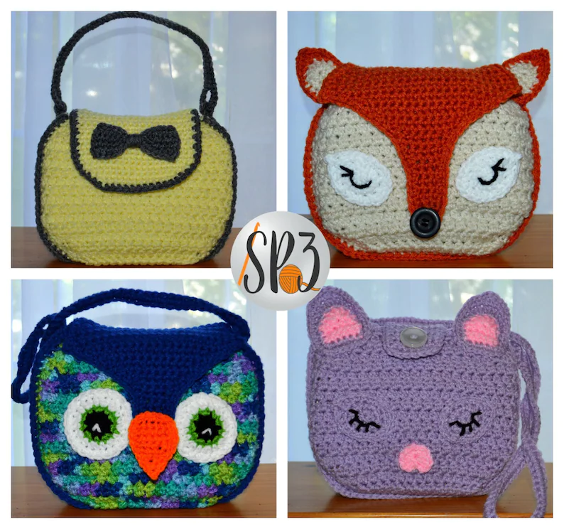 4 crochet bags, yellow with black trim, fox bag, owl bag and cat bag