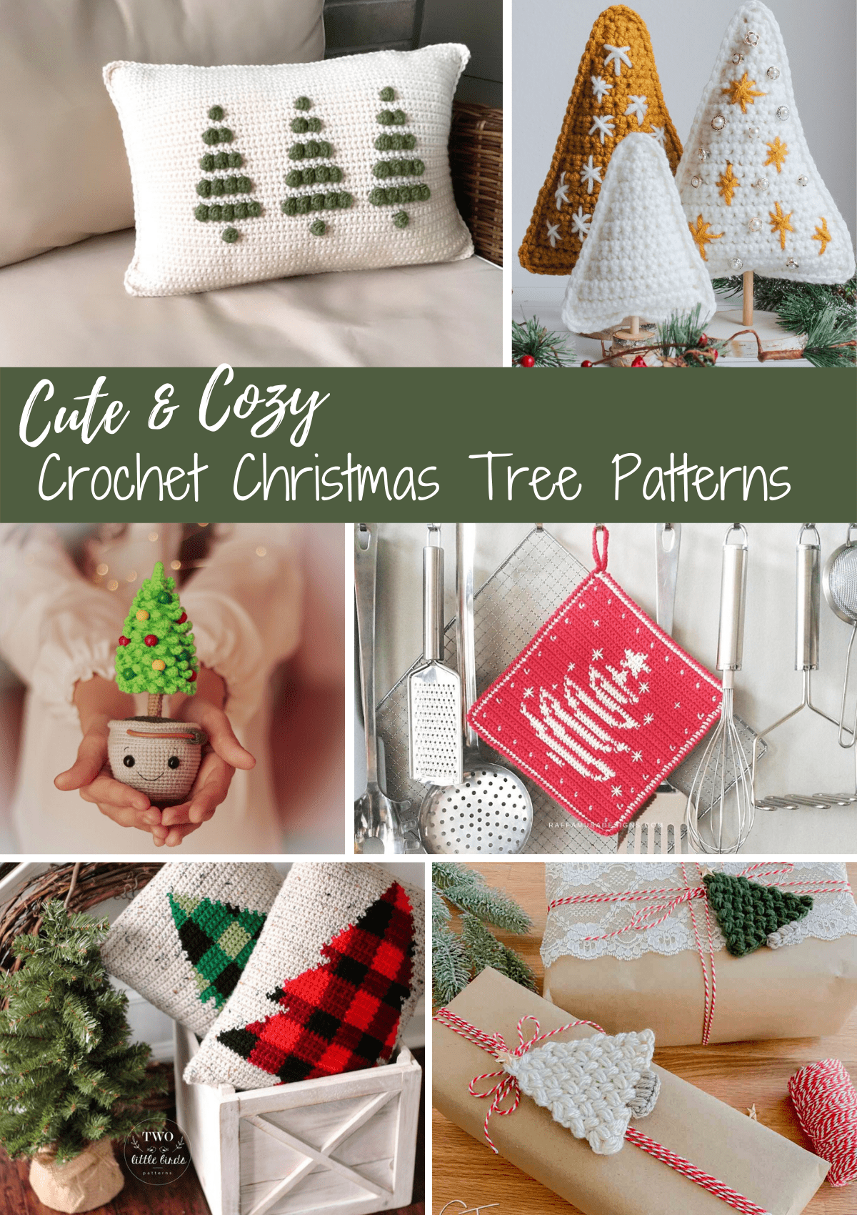 collage of crochet christmas trees