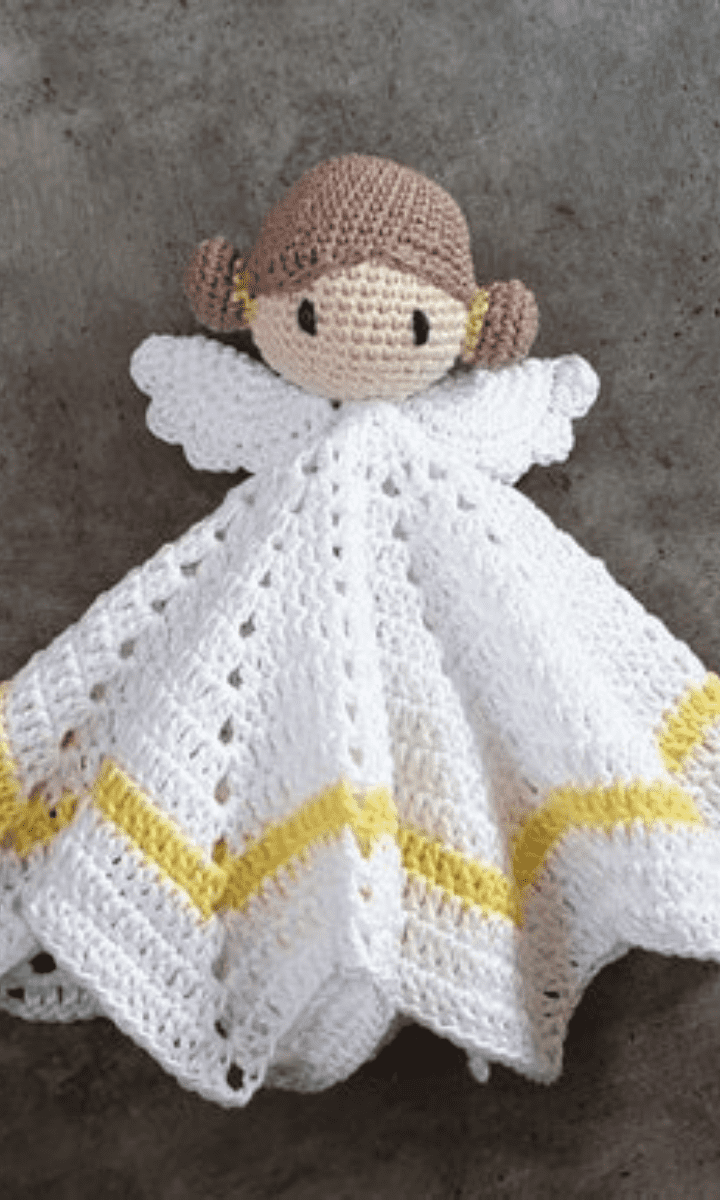 white and gold crochet angel lovey