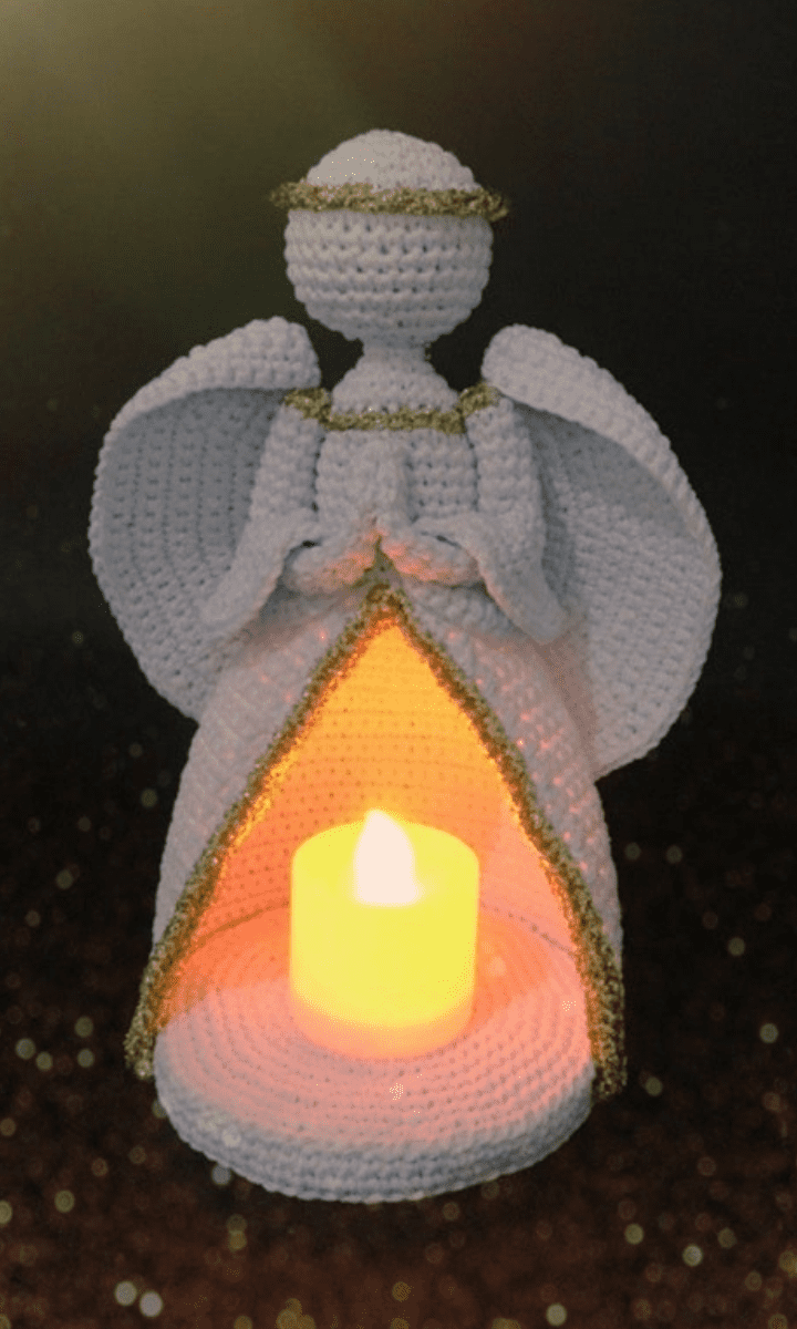 white crochet angel with tea light candle