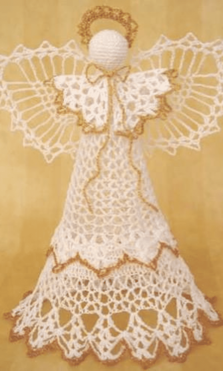 white and gold crochet angel tree topper