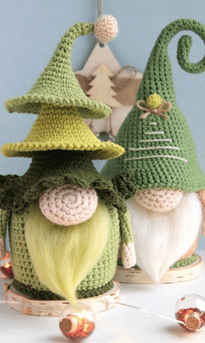 two crochet christmas tree amigurumi gnomes