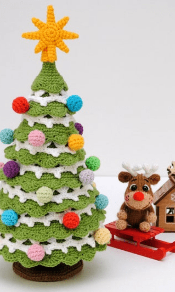 crochet christmas tree and reindeer and sled