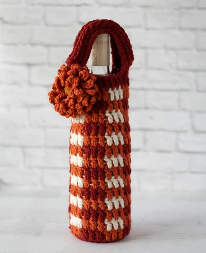 Crochet Orange Plaid Wine Cozy with Orange Flower