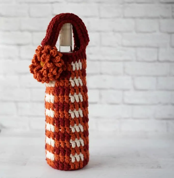 Crochet Orange Plaid Wine Cozy with Orange Flower