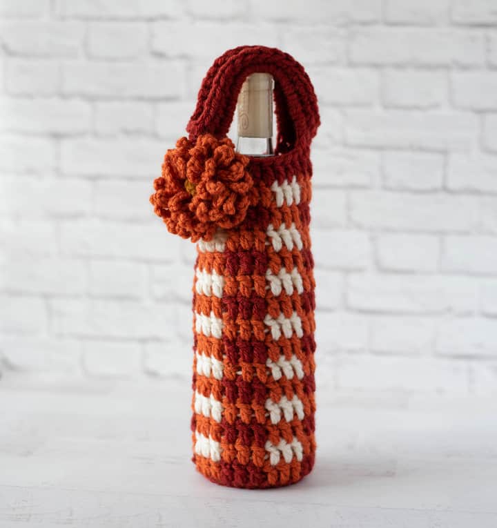 Crochet Orange Plaid Wine Cozy with Orange Flower