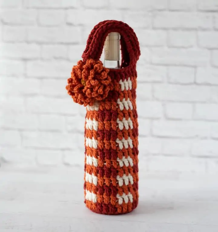 Crochet Orange Plaid Wine Cozy with Orange Flower