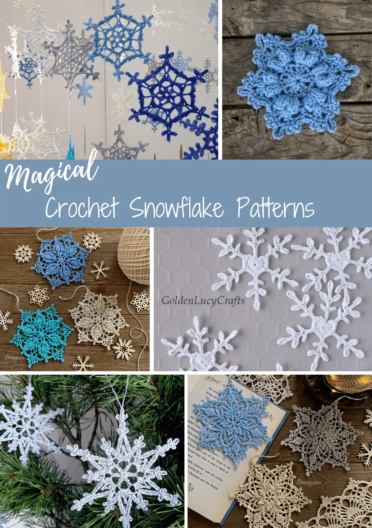 collage of crochet snowflakes