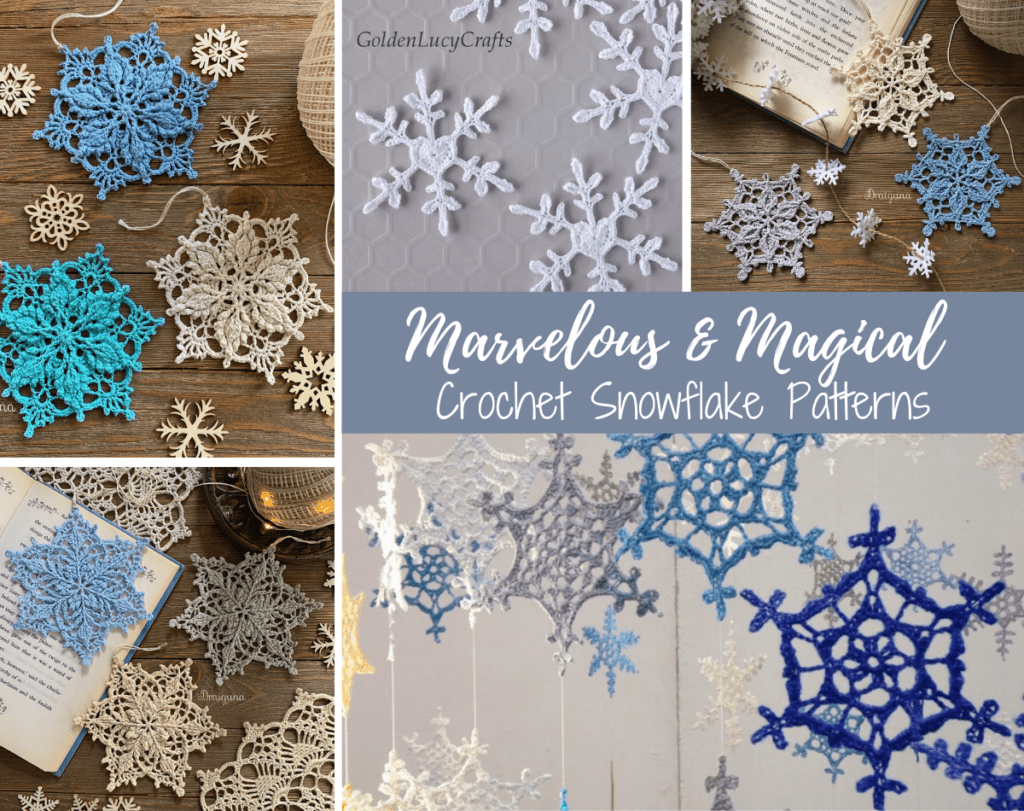 collage of crochet snowflakes
