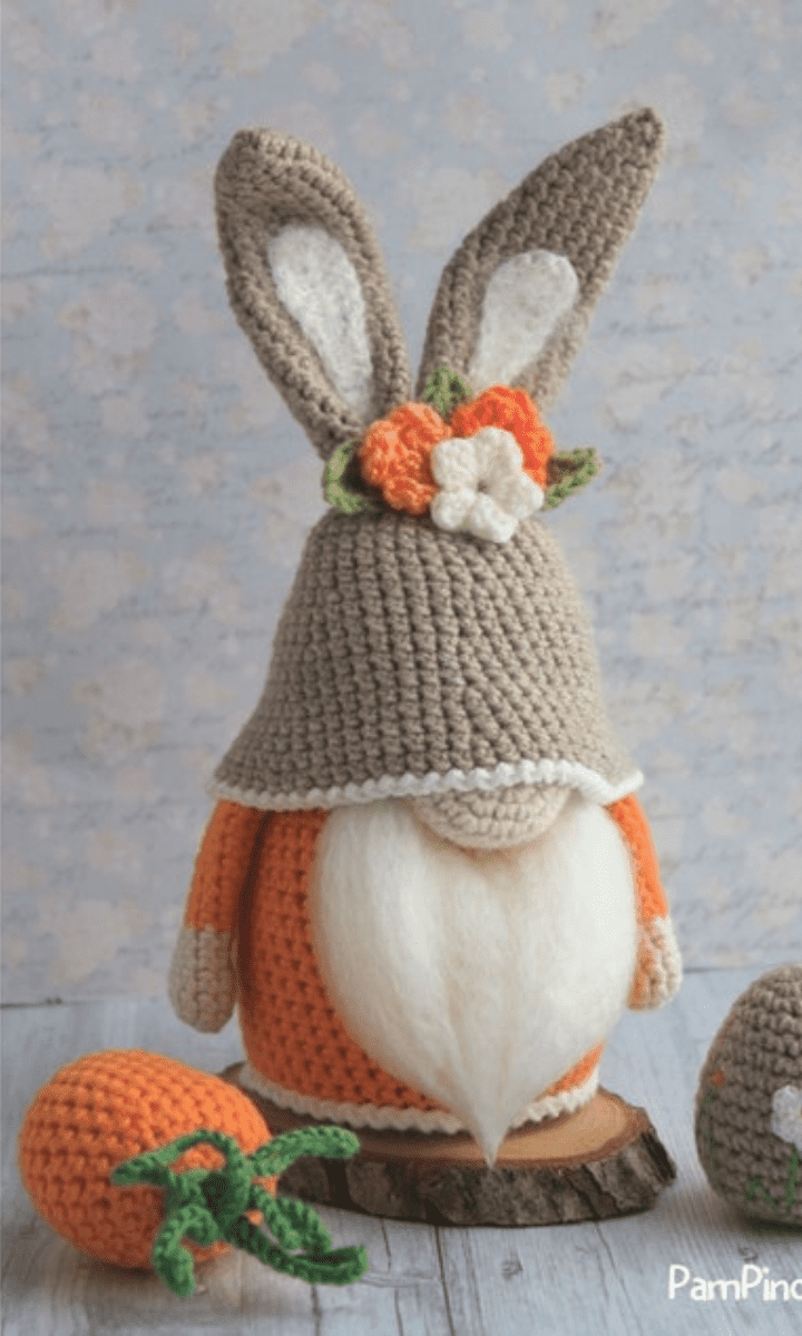 crochet easter bunny gnome with carrot and egg