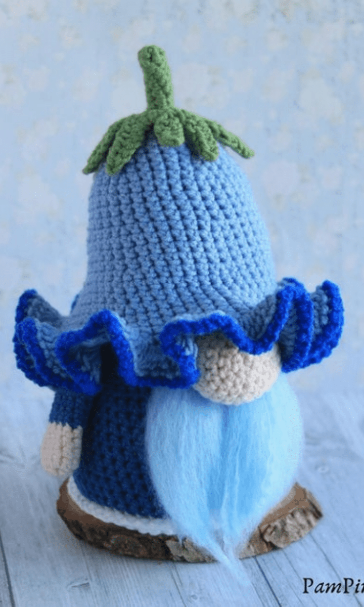 crochet blue flower gnome