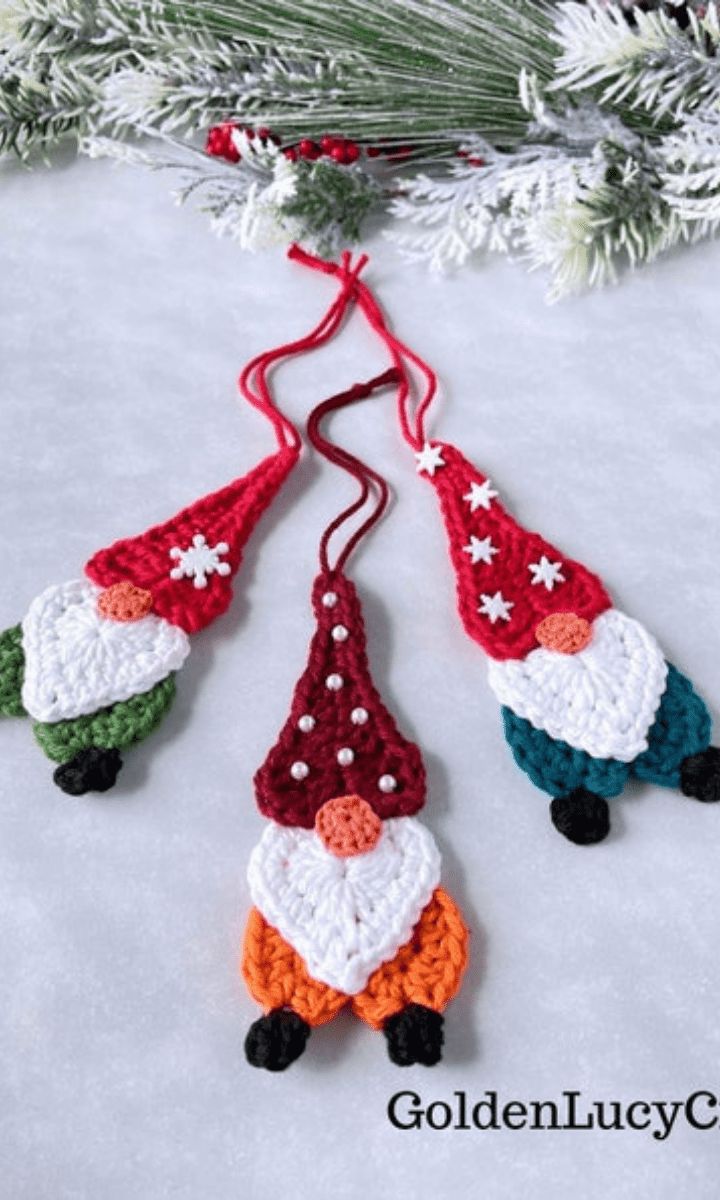 three crochet flat gnome ornaments