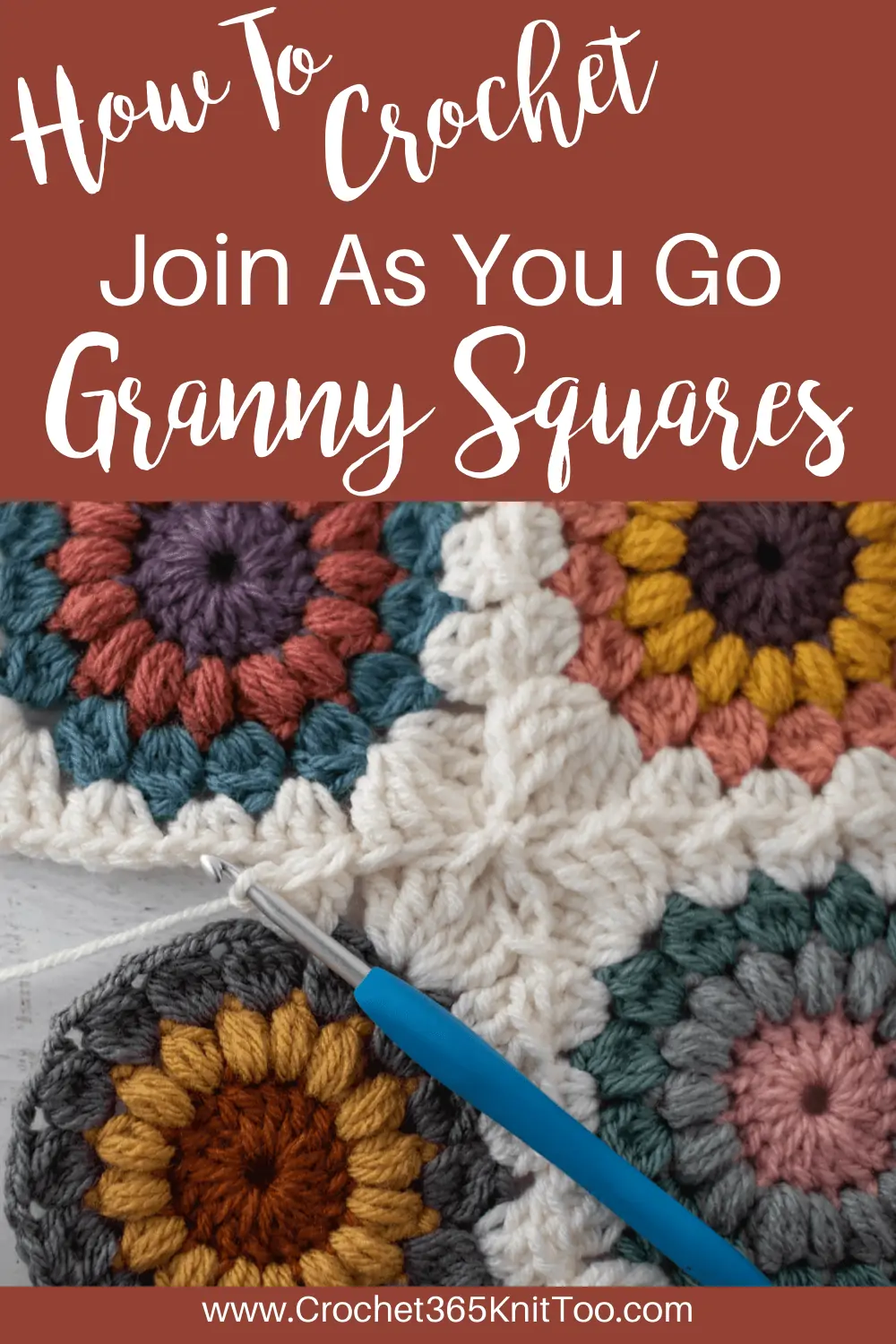 Graphic of Joining crochet afghan squares with blue crochet hook