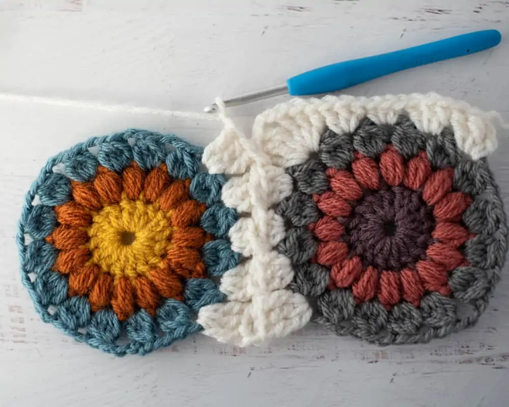 Joining crochet afghan squares with blue crochet hook