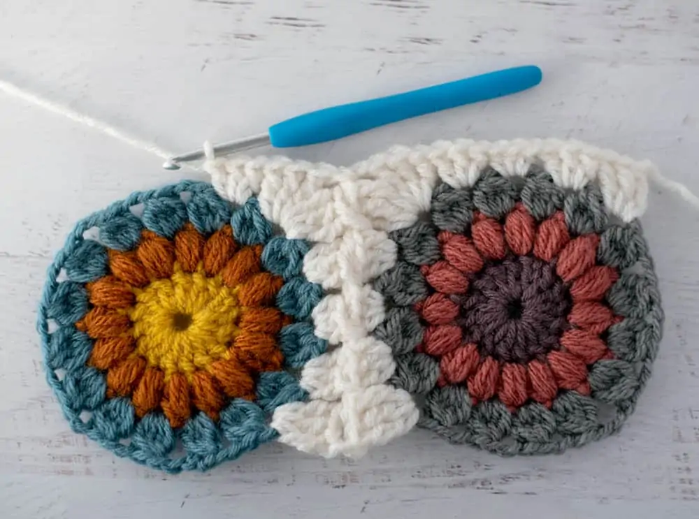 Joining crochet afghan squares with blue crochet hook