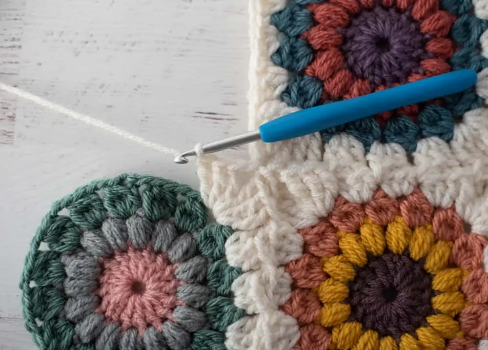 Joining crochet afghan squares with blue crochet hook