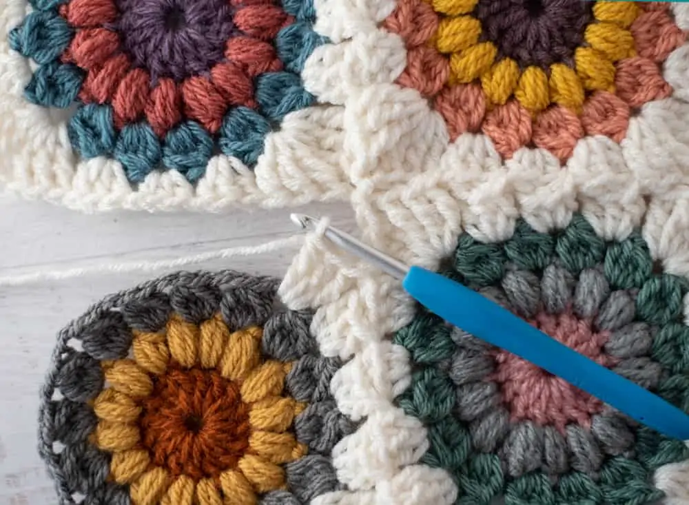 Joining crochet afghan squares with blue crochet hook