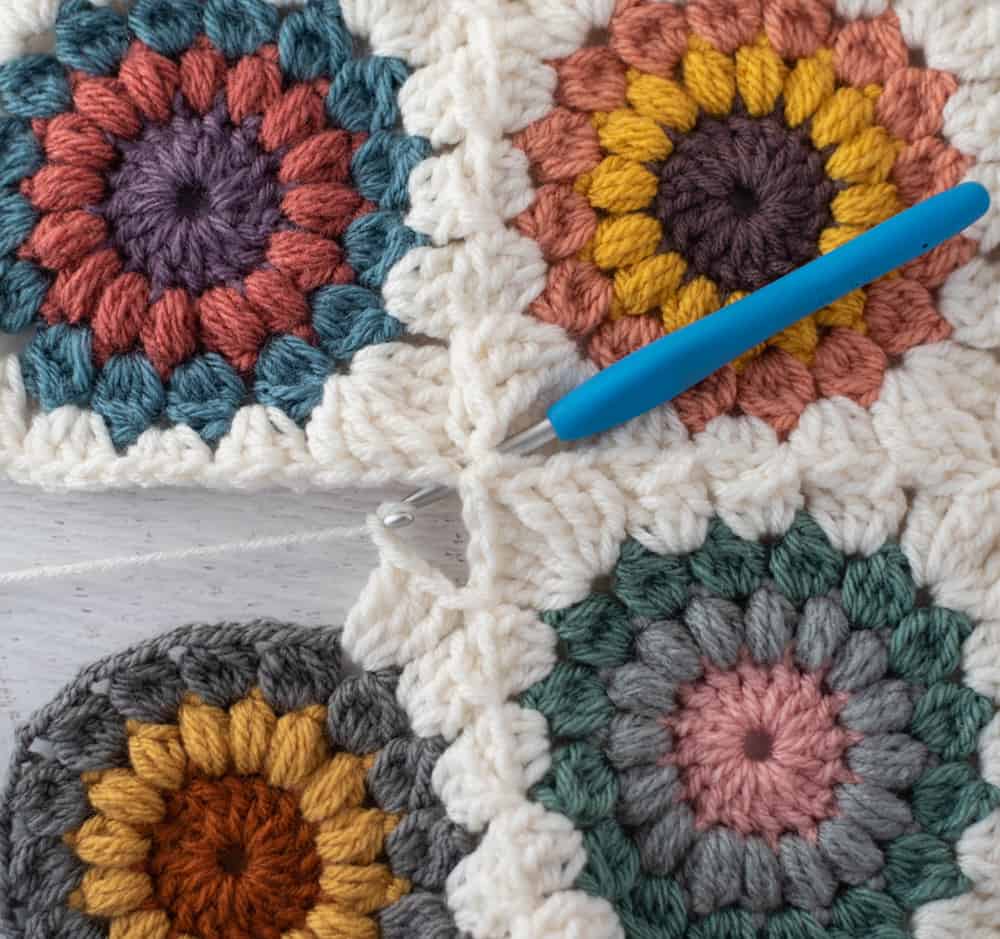 Joining crochet afghan squares with blue crochet hook