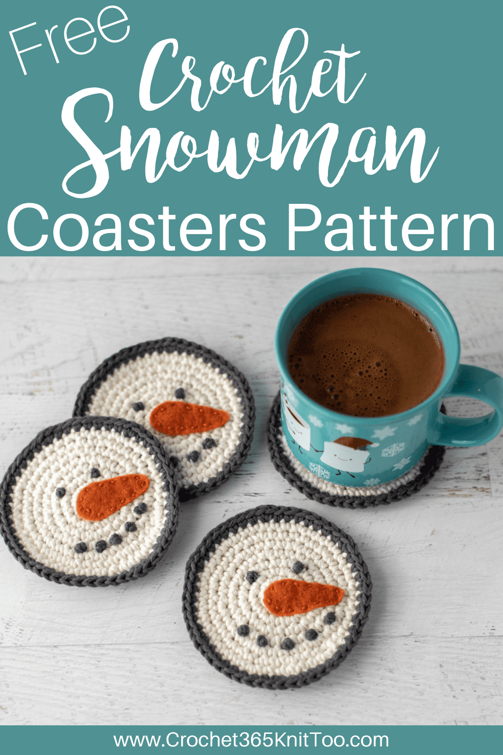 cream and gray crochet snowman coasters with orange carrot nose with cup of hot cocoa image
