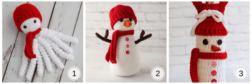 Three crochet white snowmen with red hats