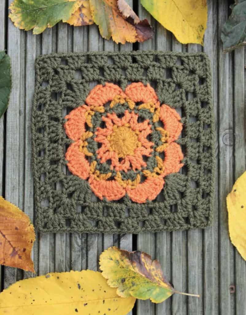 peach and green crochet flower square