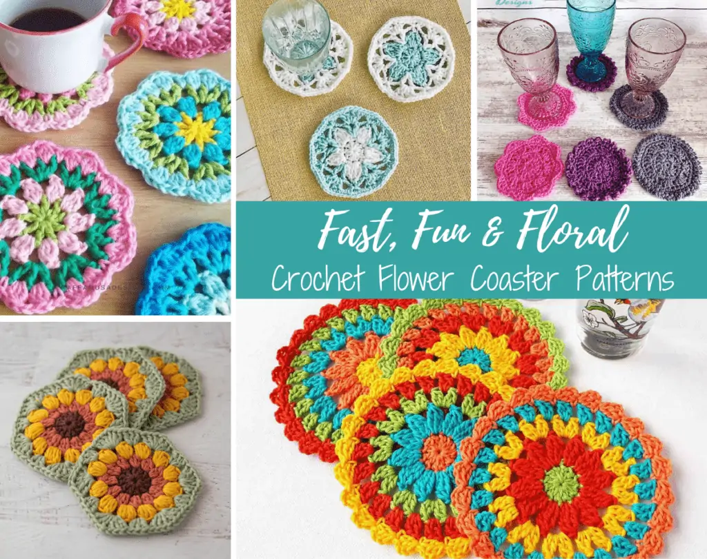 Collage photo of multi color crochet flower coasters