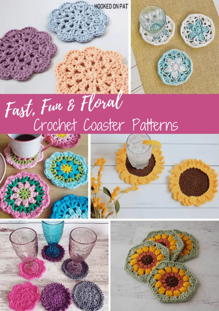Collage photo of multi color crochet flower coasters